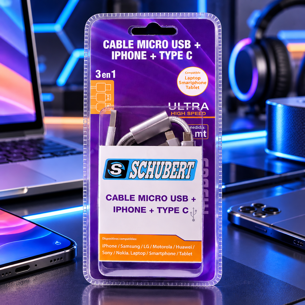Cable micro usb + Iphone + type c